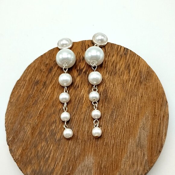 Long Faux Pearl Drop Dangle Earrings Silver Tone Chain Statement - Picture 3 of 11